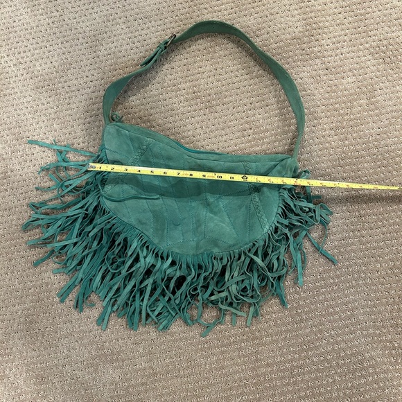 Vintage sea foam green patchwork pattern, suede purse. Fringe - Picture 5 of 5